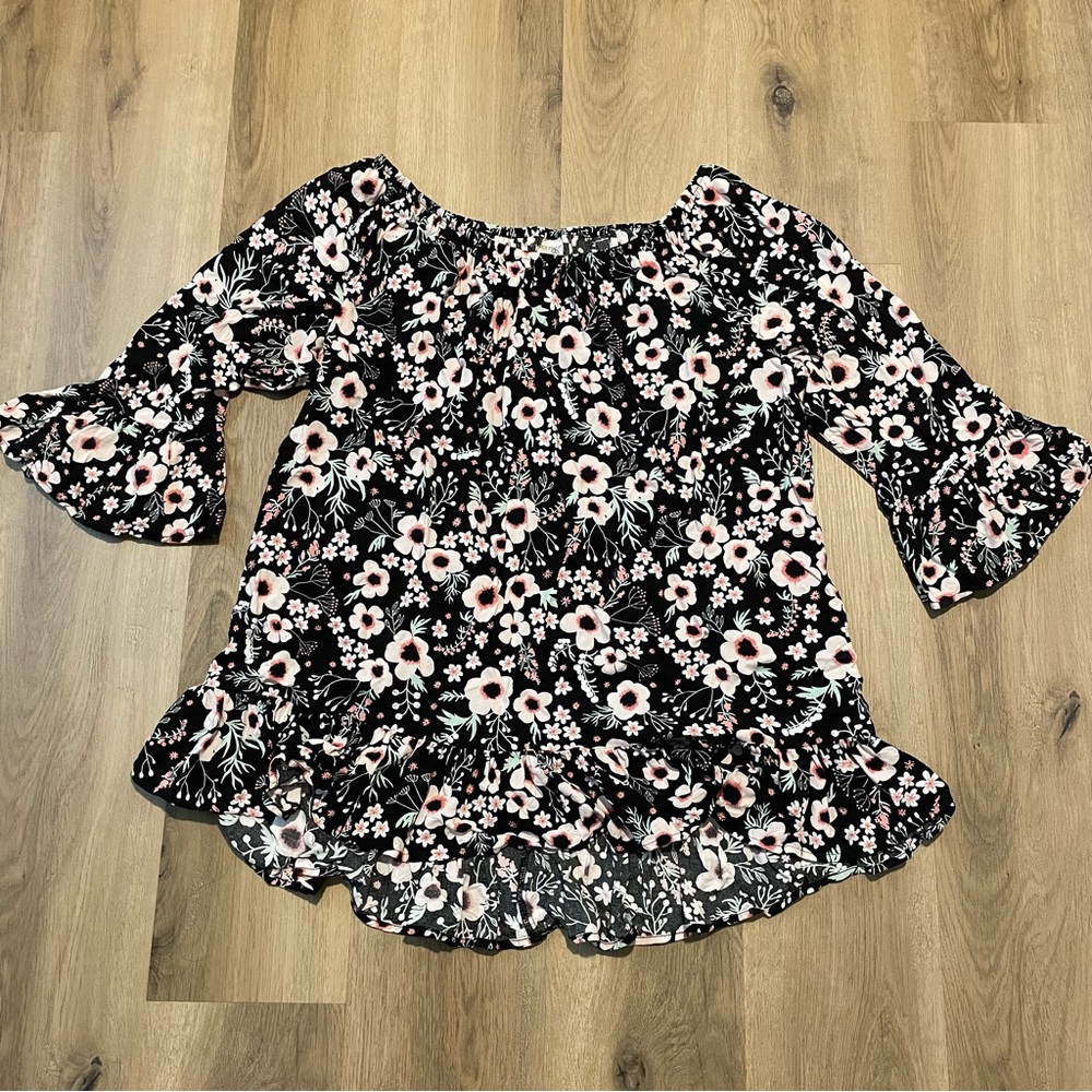 Terra & Sky Black & Pink Floral Off the Shoulder Blouse Top in Size 1X